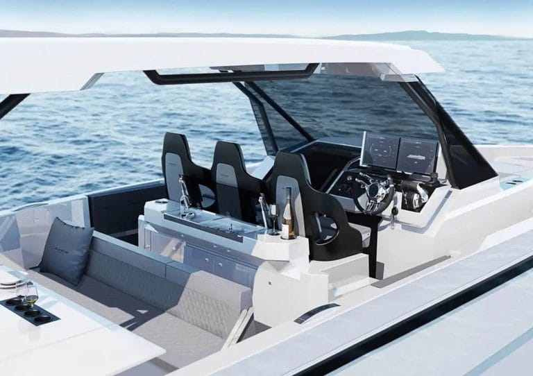 DeAntonio Yachts D32 Toretto NEW 2024 Charter Ibiza www.deantonioyachtsibiza.com lunch area